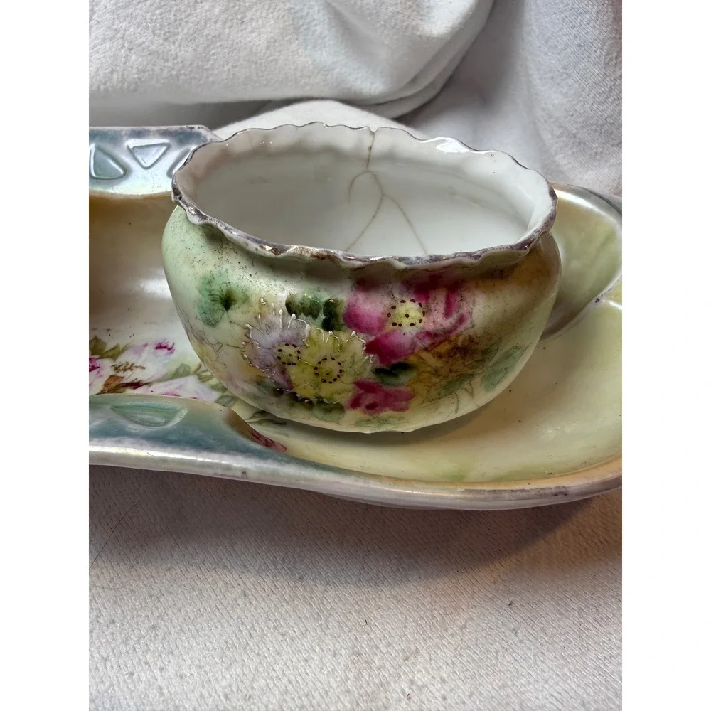 Vintage Hand Painted Porcelain Creamer Sugar Bowl‎ and Tray Floral IPP Germany